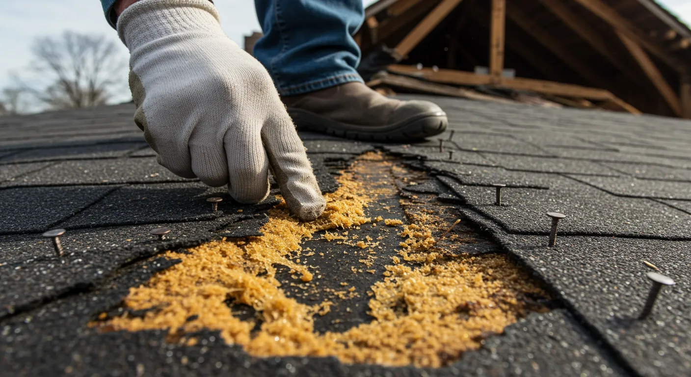 Roofing Inspector Examining Damaged Roof Decking Roofing Inspector Examining Damaged Roof Decking