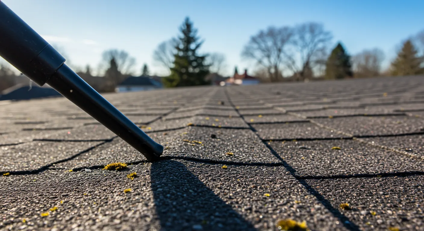 Roofing Inspector Meticulously Examining Asphalt Shingles on a Residential Roof Roofing Inspector Meticulously Examining Asphalt Shingles on a Residential Roof
