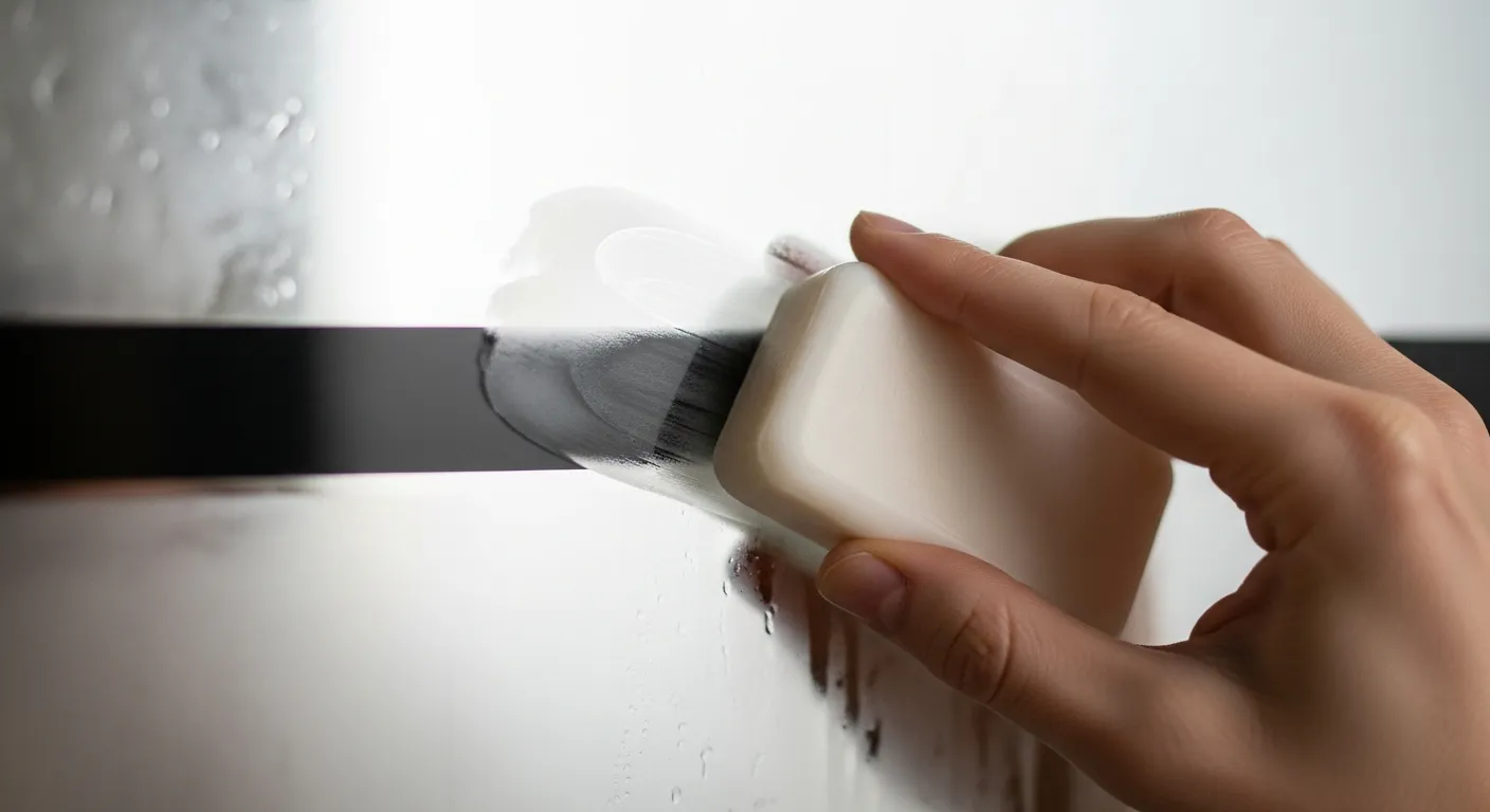 A Person Holding a White SOAP Bar, Gently Rubbing Them Against a Foggy Bathroom Mirror Surface