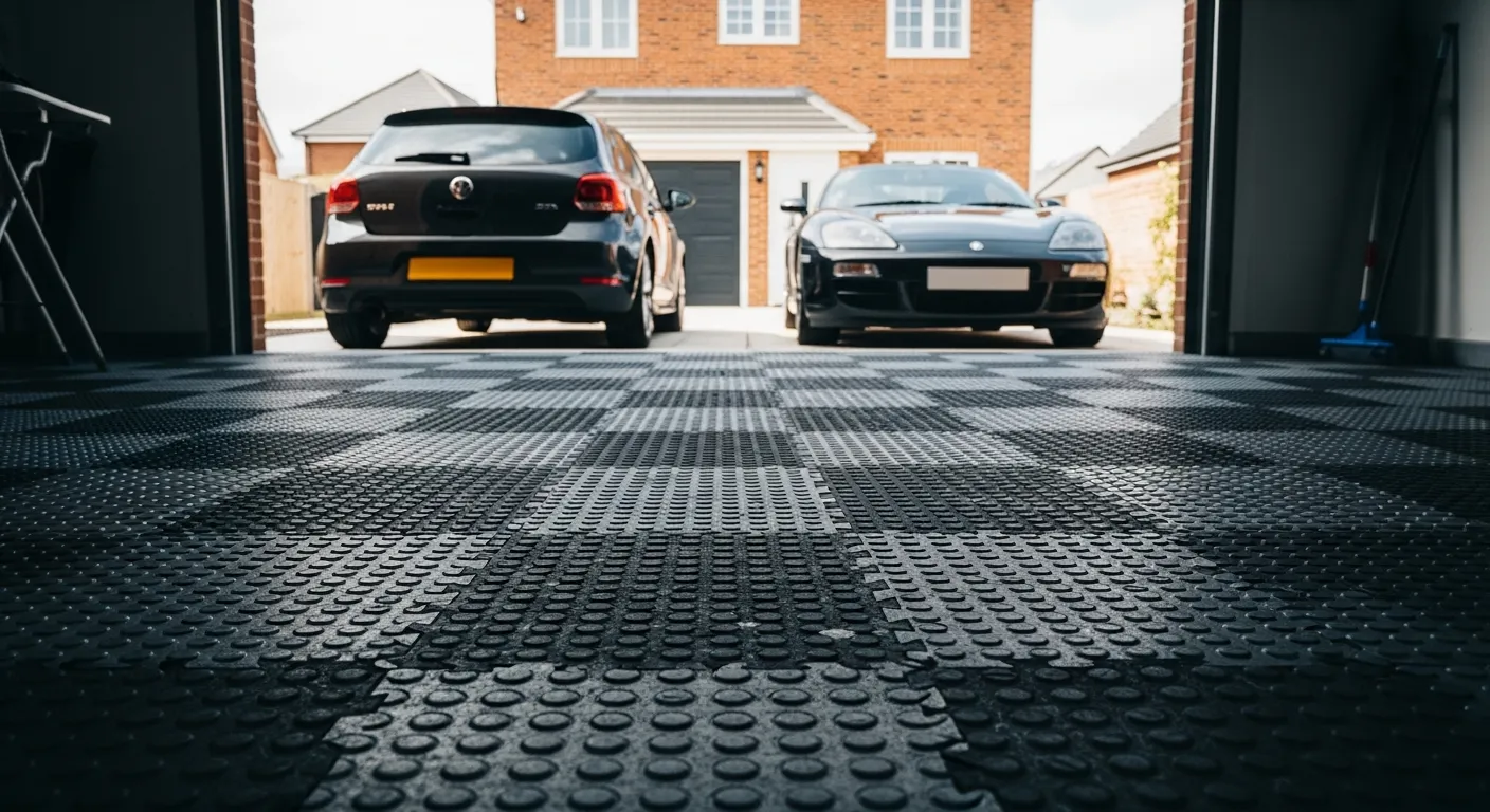A Clean, Patterned Garage Floor With Interlocking Black and Dark Grey Rubber Tiles