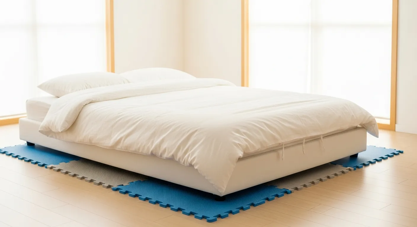 A White Bed on a Rubber Mat