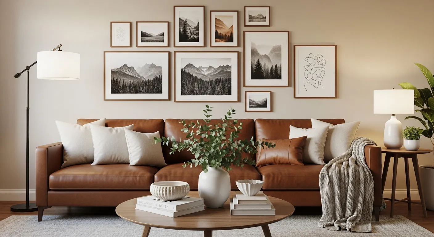 A Large, Rich Brown Leather Three-seater Sofa, With Deep Cushions and Sleek Lines