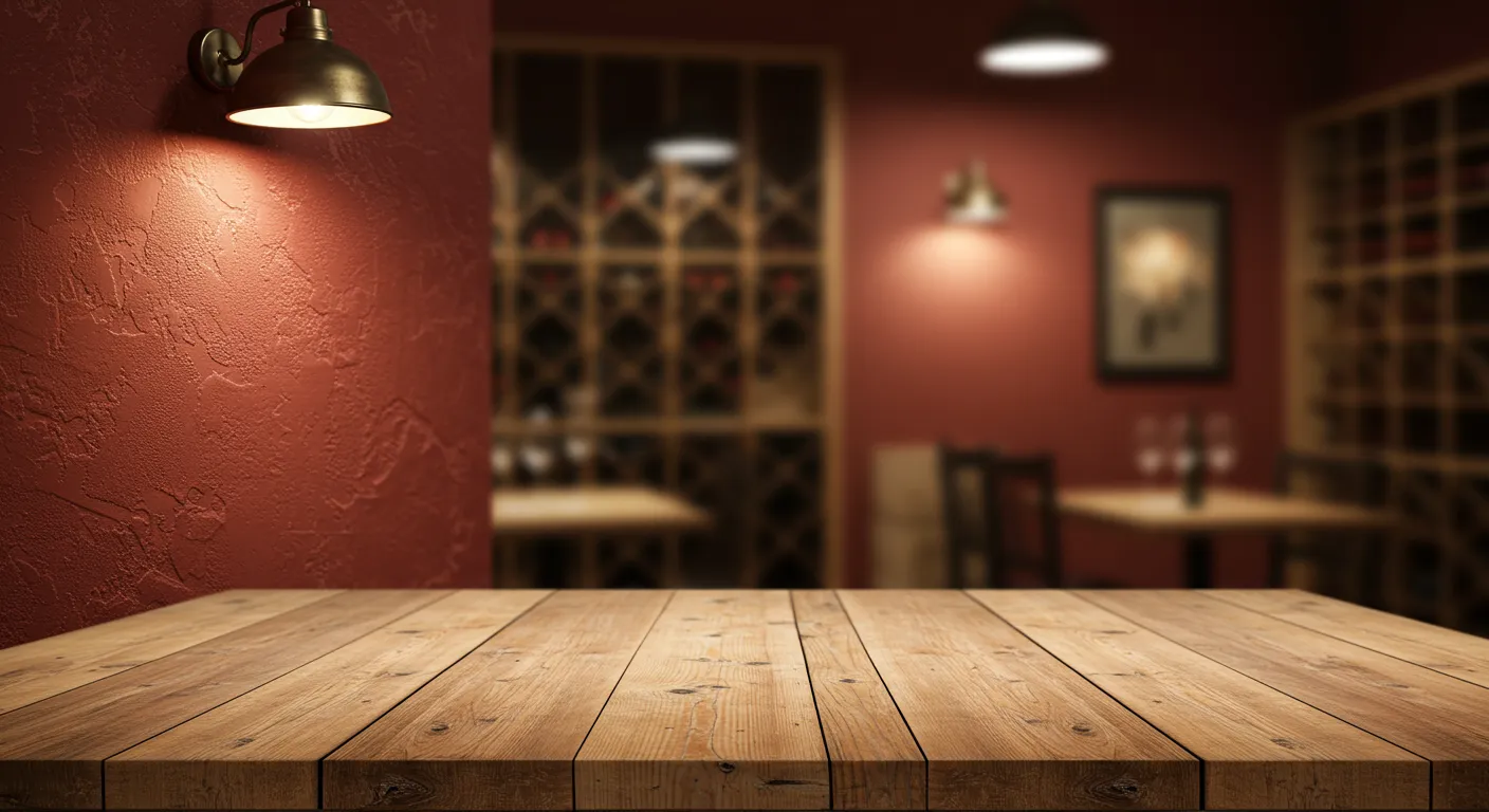 Rustic Red Walls Textured Paired With a Handcrafted Pine Wood Table in the Center Rustic Red Walls Textured Paired With a Handcrafted Pine Wood Table in the Center