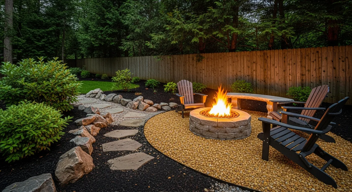 A Circular Stone Fire Pit With Bright Flames is Surrounded by Golden Gravel, With a Curved Stone Bench 