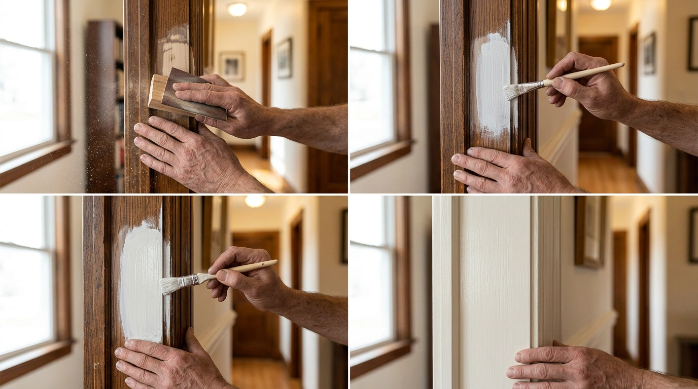 Hands Meticulously Sanding a Repaired Section of a Classic Wooden Door Frame With Fine-grit Sandpaper, Then, the Same Hands Delicately Apply a Smooth Coat of Primer
