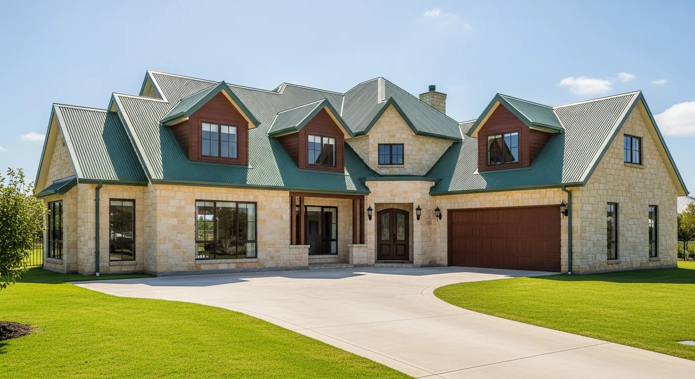 A Beautiful Two-story House With a Light Tan Stone Facade, a Dark Green Corrugated Metal Roof, and Brown Wood Accents