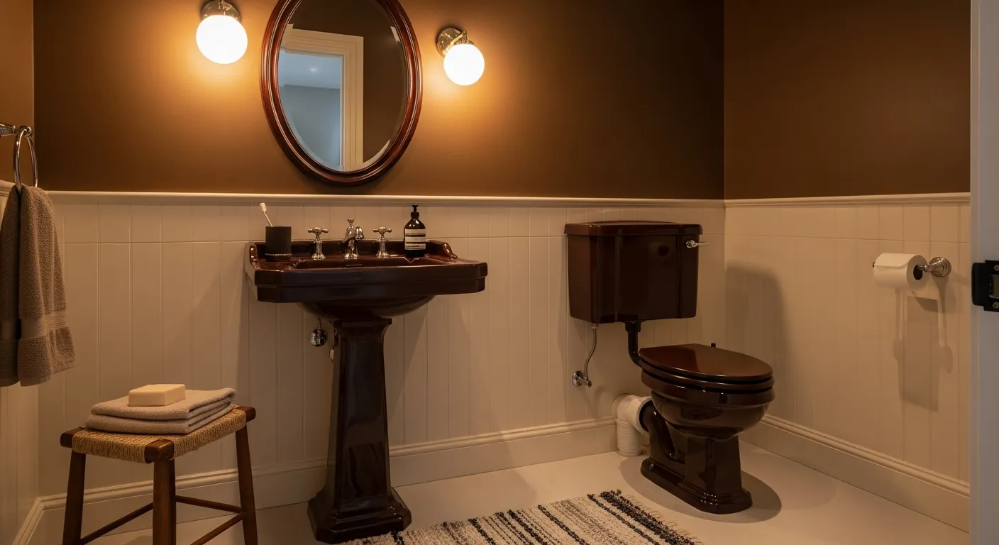 A Deep Brown Pedestal Sink, With a Matching Oval Mirror and Two Warm Globe Sconces