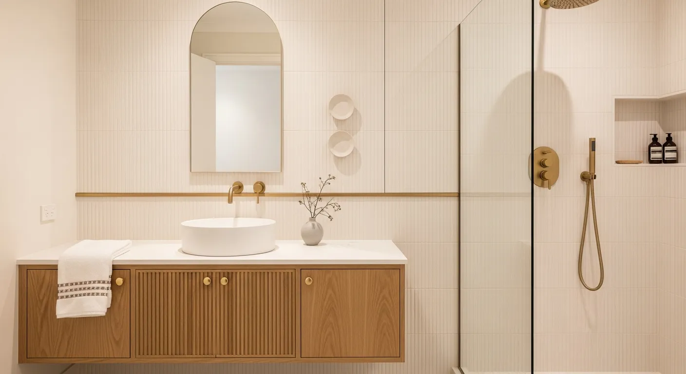 A Floating Vanity Unit, Crafted From Light Oak Wood With Elegant Vertical Fluted Paneling on Its Front and Brushed Brass Knob Handles