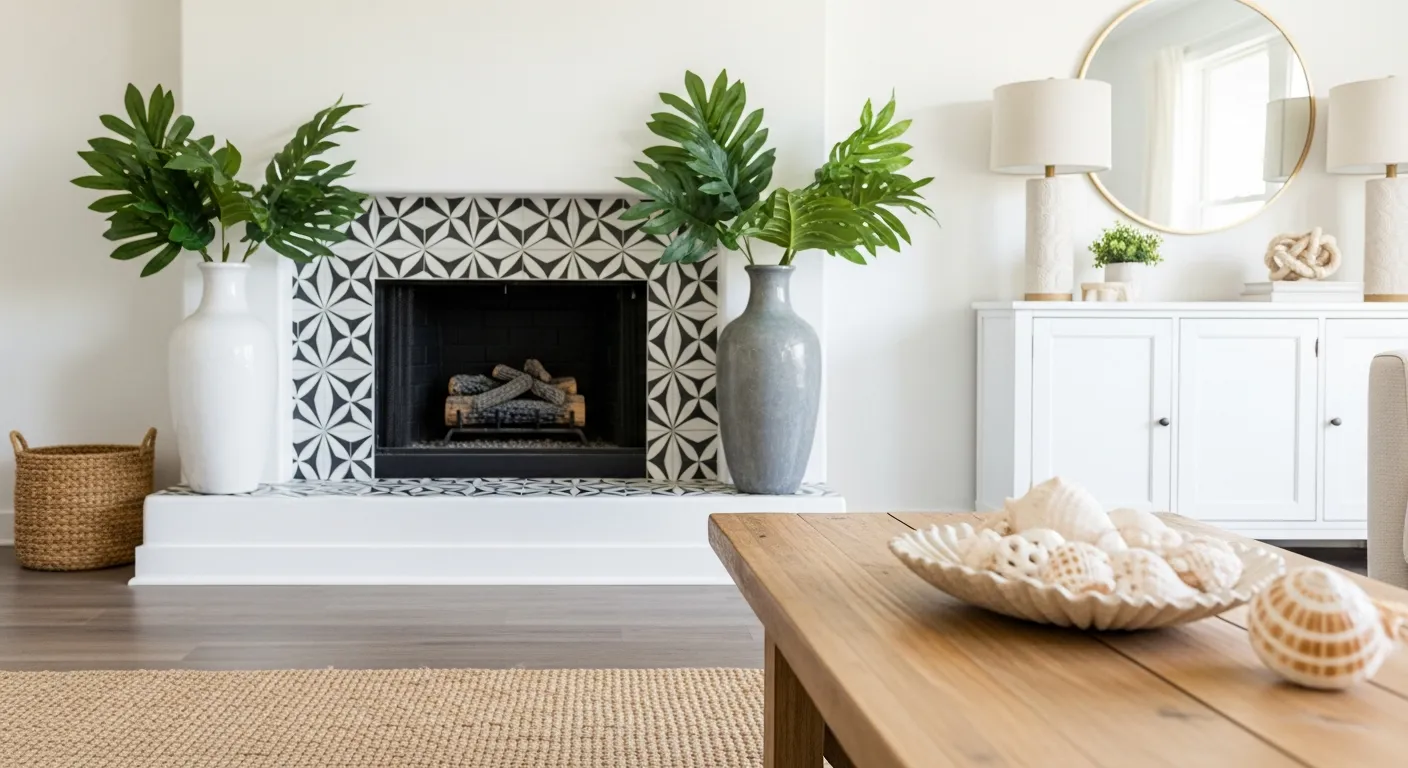 A White Fireplace With Black and White Geometric Tiles, Flanked by Tall White and Grey Vases