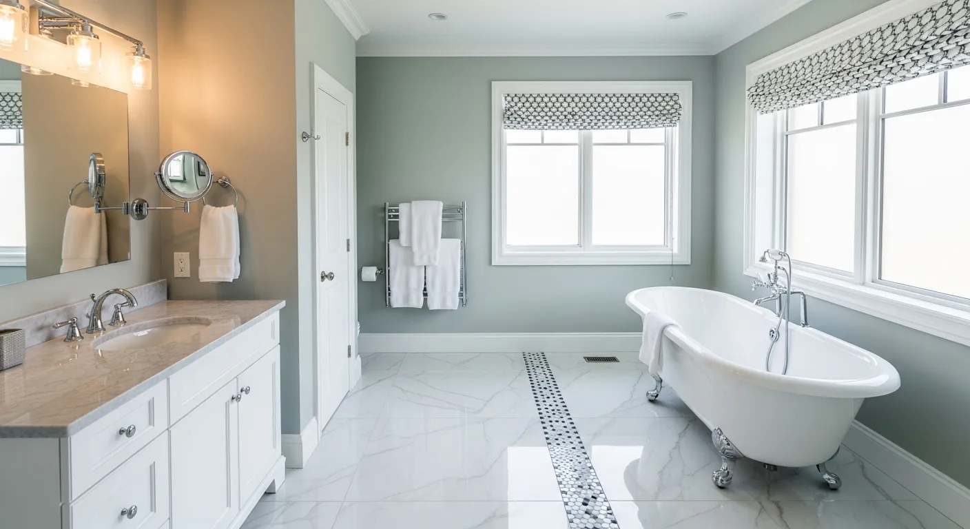 The Walls Are Painted in a Soothing, Sea Salt Hue, Creating a Serene and Spa-like Atmosphere