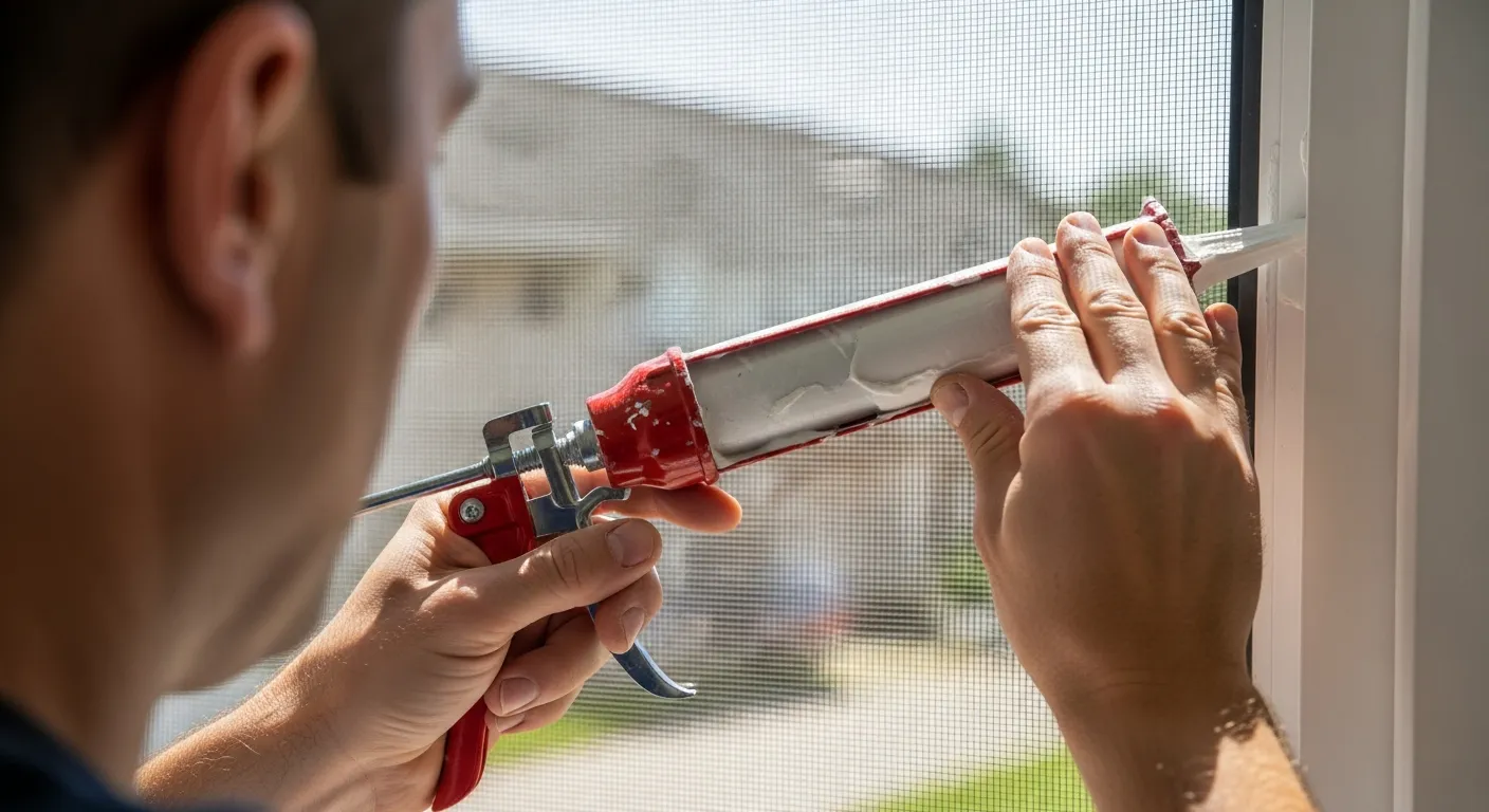 A Person Applying White Caulk to a White Window Frame With a Red and White Caulk Gun
