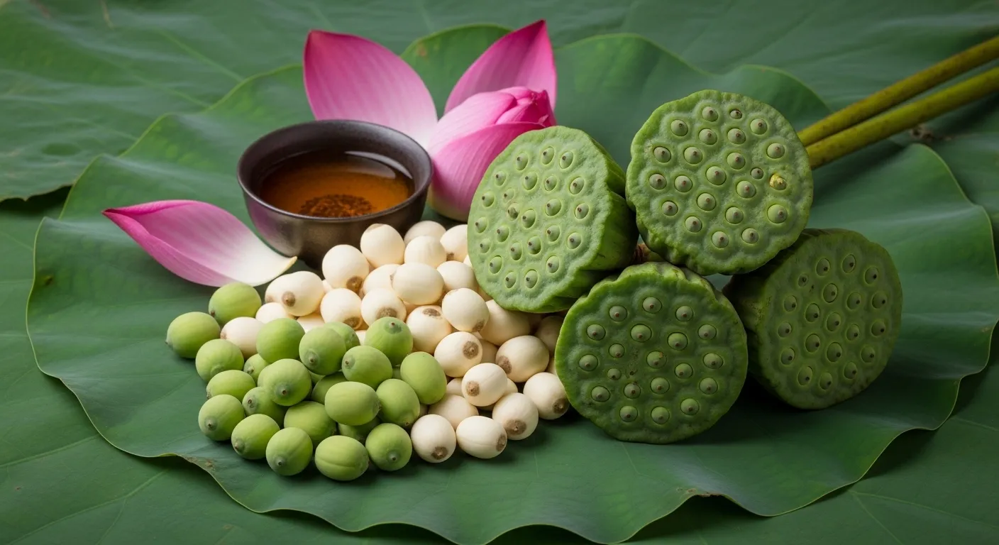Lotus Seeds and Pods Placed on Lotus Leaf Lotus Seeds and Pods Placed on Lotus Leaf