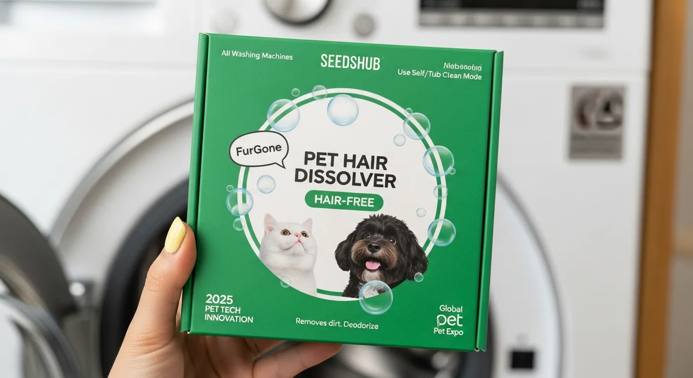 A Vibrant Green Square Cardboard Box for "Pet Hair Dissolver" by Seedshub