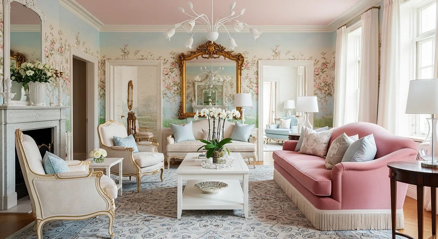 The Walls Are Adorned With Vintage-inspired Floral Wallpaper in Soft Pinks, Greens, and Creams