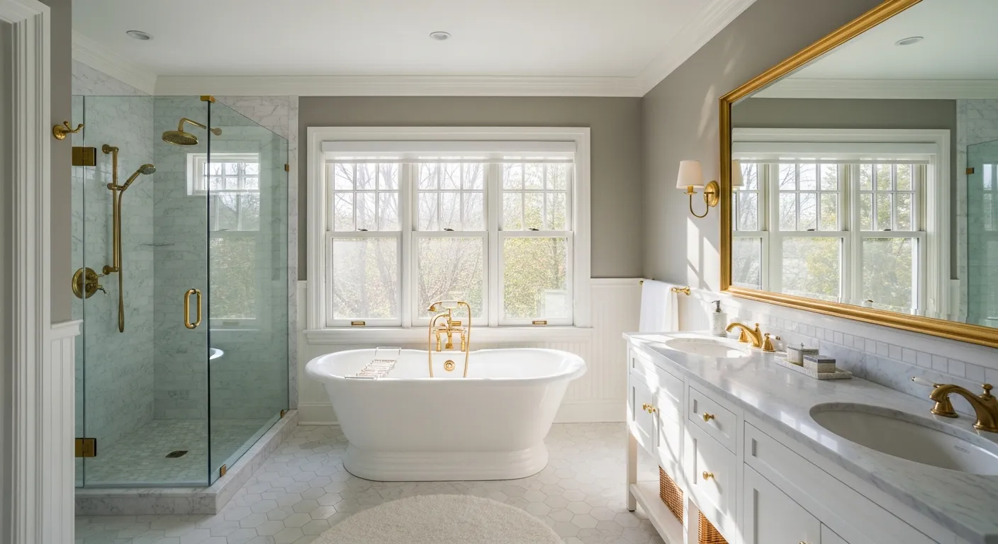 A Pristine White Clawfoot Bathtub in Front of a Large Window, a Clear Glass Walk-in Shower