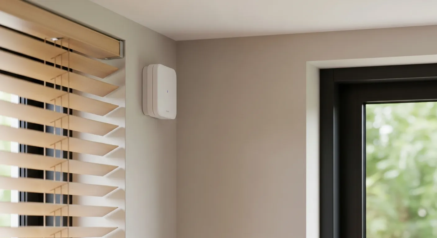 A White Square Smart Home Sensor Device Mounted Precisely on a Light Beige Corner Where the Wall