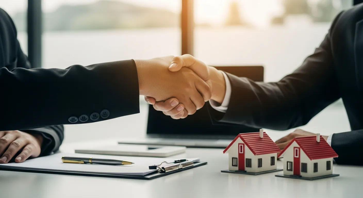 Two People Shaking Hands Over a White Table, Symbolizing a Real Estate Deal