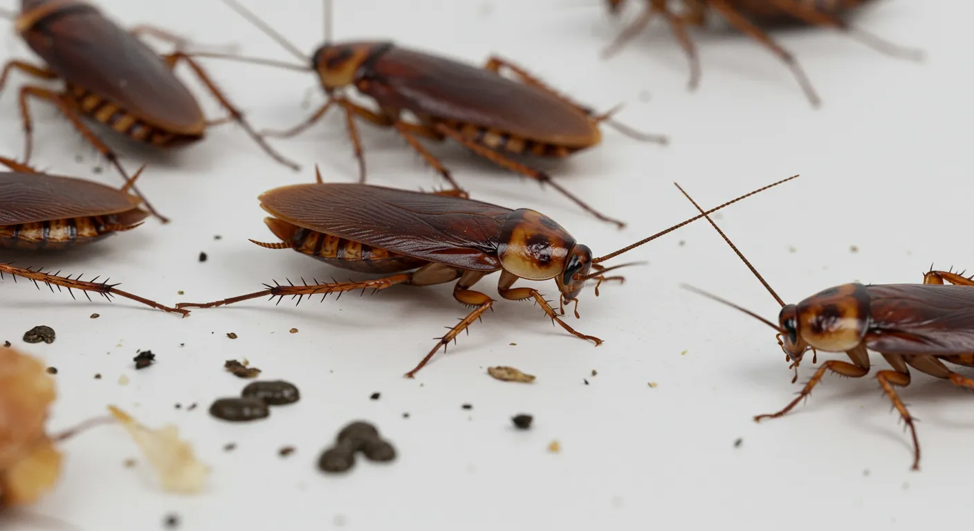 Several Brown Cockroaches Crawling on a White Surface, With Droppings and Food Scraps Visible Several Brown Cockroaches Crawling on a White Surface, With Droppings and Food Scraps Visible