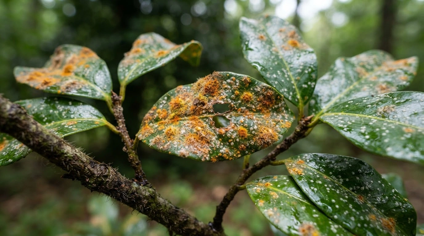 Several Glossy, Dark Green Leaves on a Woody Branch Exhibit Small, Raised White Dots Across Their Surface and Are Heavily Affected by a Fungal Disease