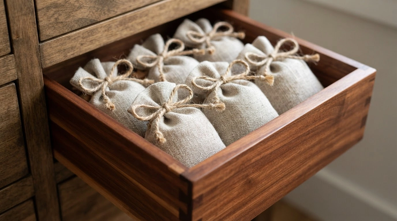 Several Meticulously Crafted, Unbleached Natural Linen Fabric Sachets, Filled With Aromatic Cedar Wood Shavings and Neatly Tied With Rustic Twine