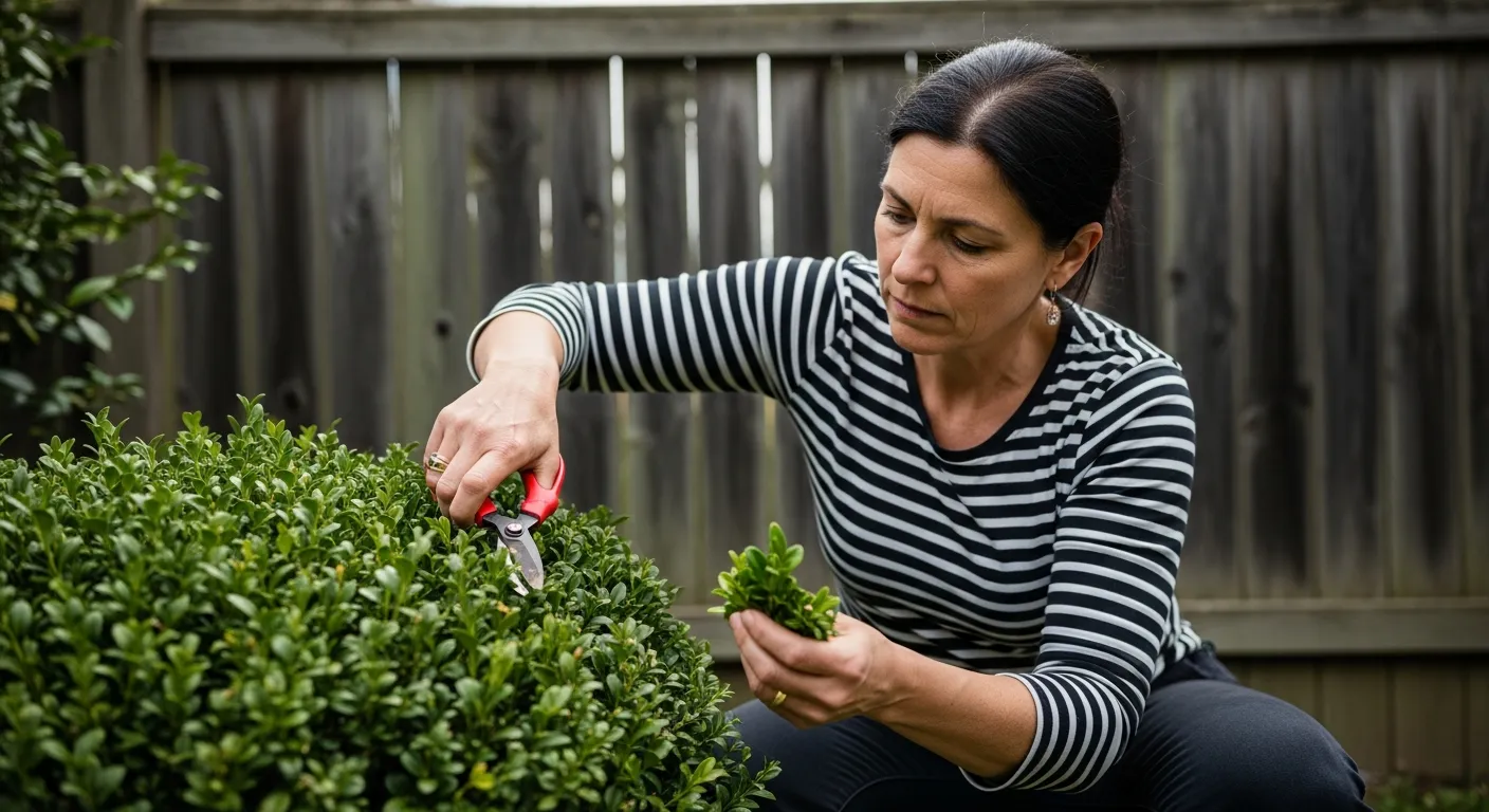 A Women Meticulously Pruning a Lush Green Boxwood Bush With Red-handled Shears