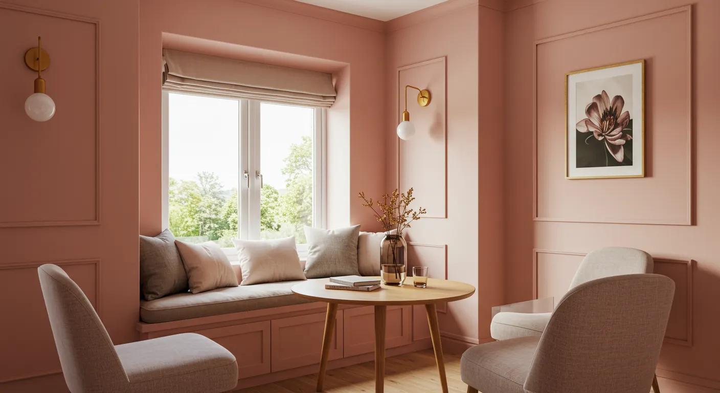 Shell Pink Walls With Pine Wood Round Table Shell Pink Walls With Pine Wood Round Table