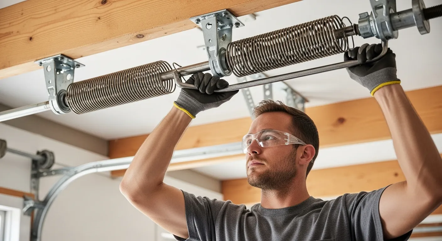A Technician Actively Installing or Adjusting a Garage Door Torsion Spring System