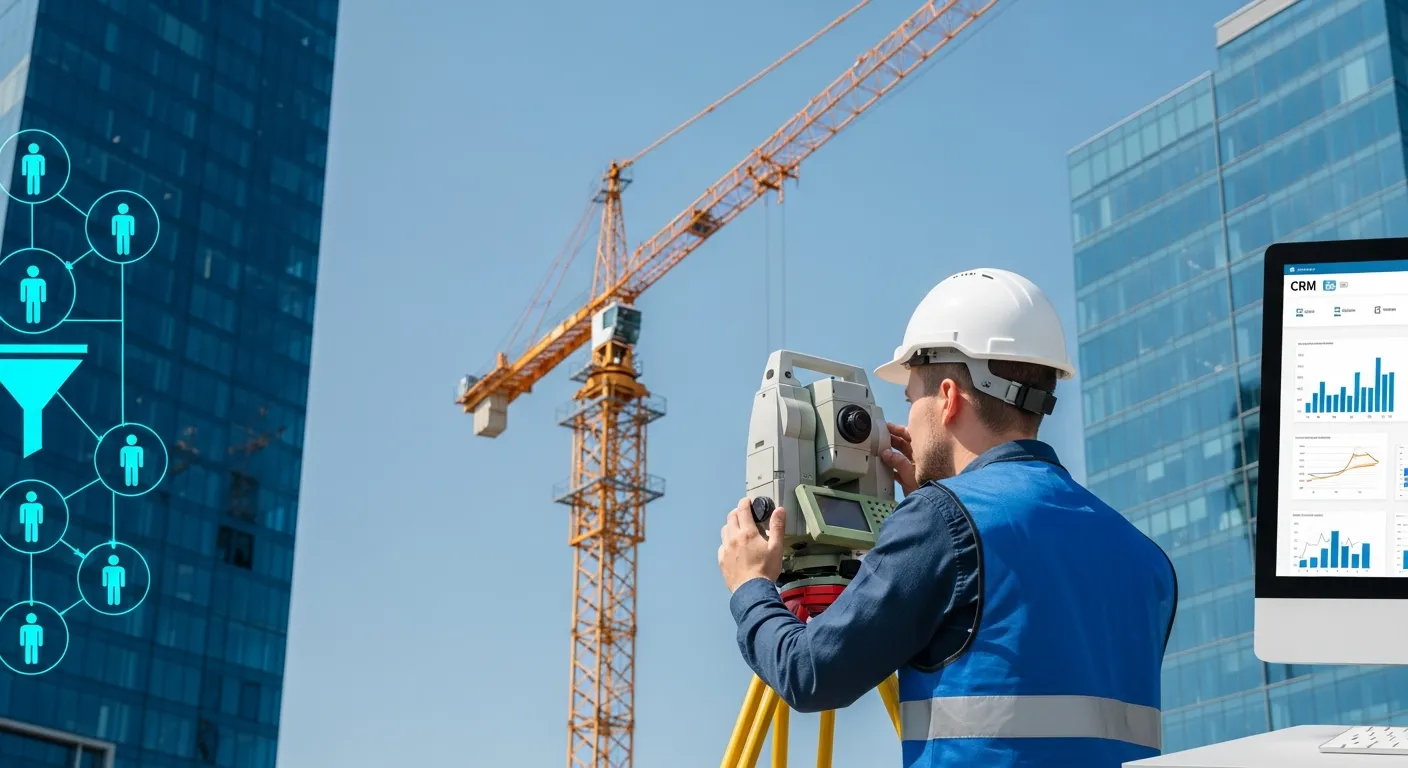 A Male Construction Surveyor Wearing a White Hard Hat and Blue Safety Vest Operating a Total Station on a Construction Site