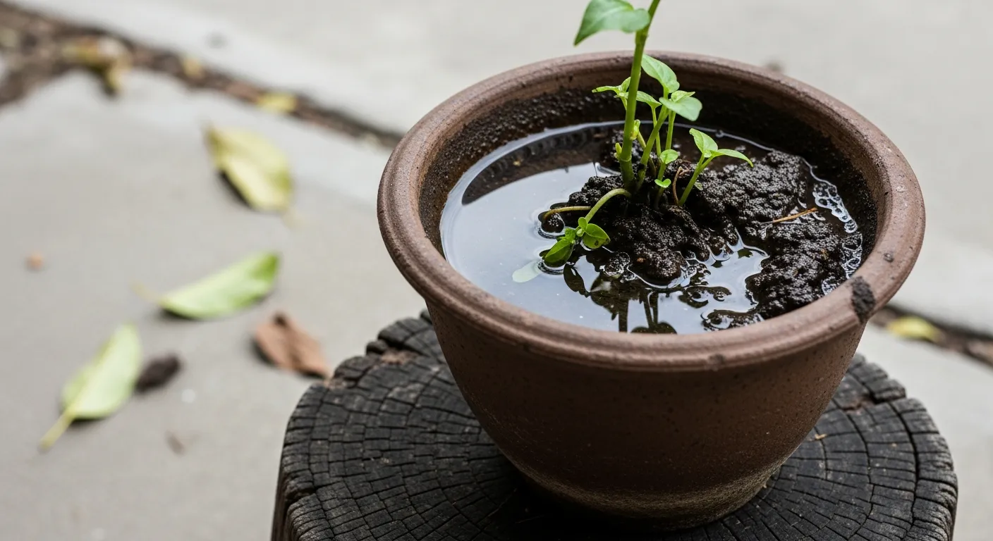 A Small Houseplant Severely Overwatered in a Rustic, Earthy Brown Terracotta Pot