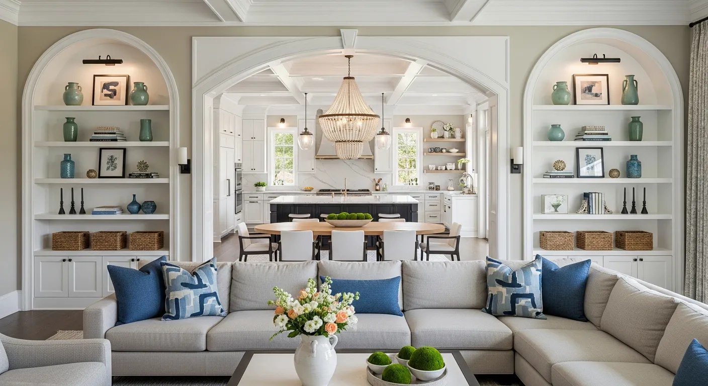 A Grand, Wide Arched Doorway Into the Adjacent Dining Area and Modern Kitchen