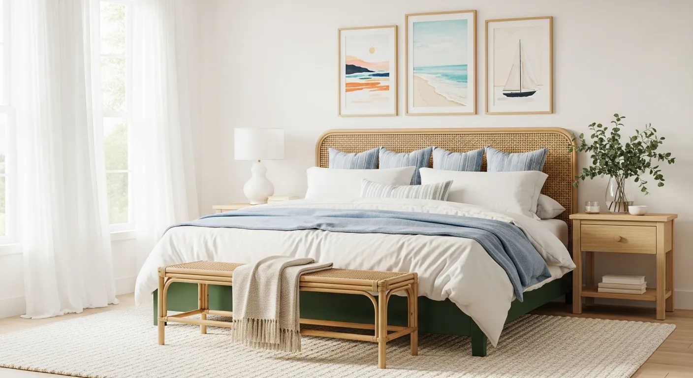 Light wooden nightstands flank the bed, one with a white ceramic lamp and the other with a vase of eucalyptus branches
