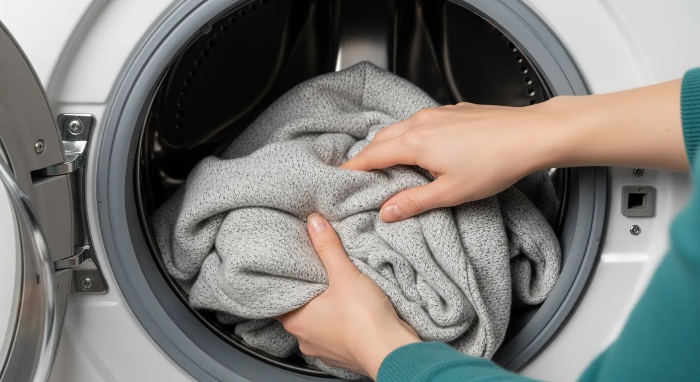 A Person's Hands Actively Loading a Soft, Light Grey Heathered Sweater or Blanket Into the White Front-loading Washing Machine