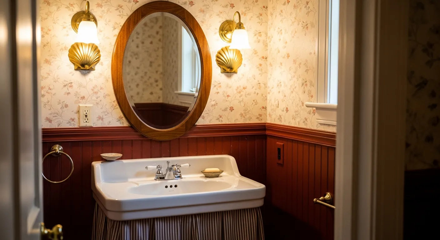 A White Porcelain Sink With a Brown Striped Fabric Skirt 