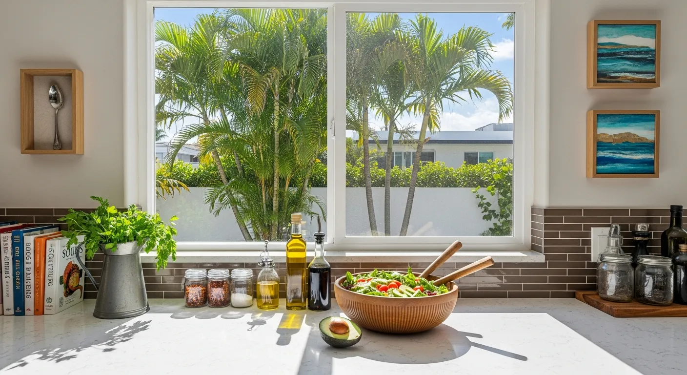 A Large, White-framed Double Sliding Window, Which Provides a Stunning, Vibrant View of a Lush Tropical Garden