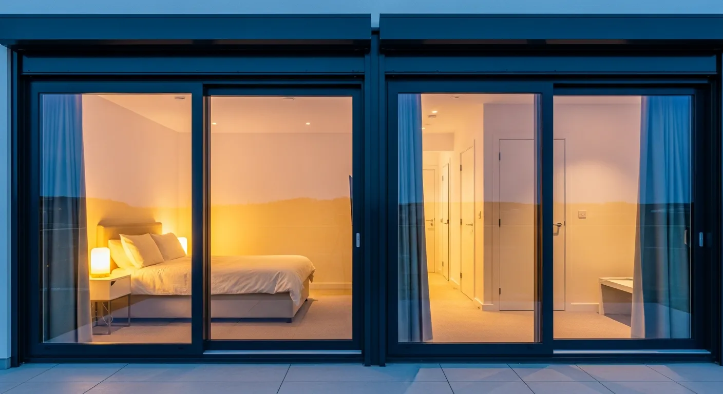 The Clear Sliding Glass, a Warm, Inviting Interior is Visible: A Bedroom With a Neatly Made White Bed and Two Glowing Yellow Bedside Lamps