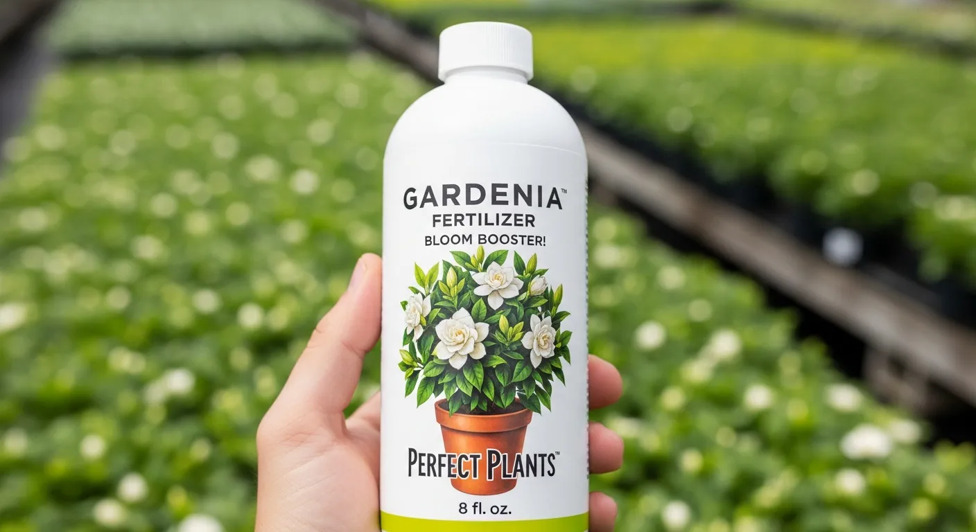 A Human Hand Holding a White Plastic Bottle of 'Gardenia Fertilizer Bloom Booster!