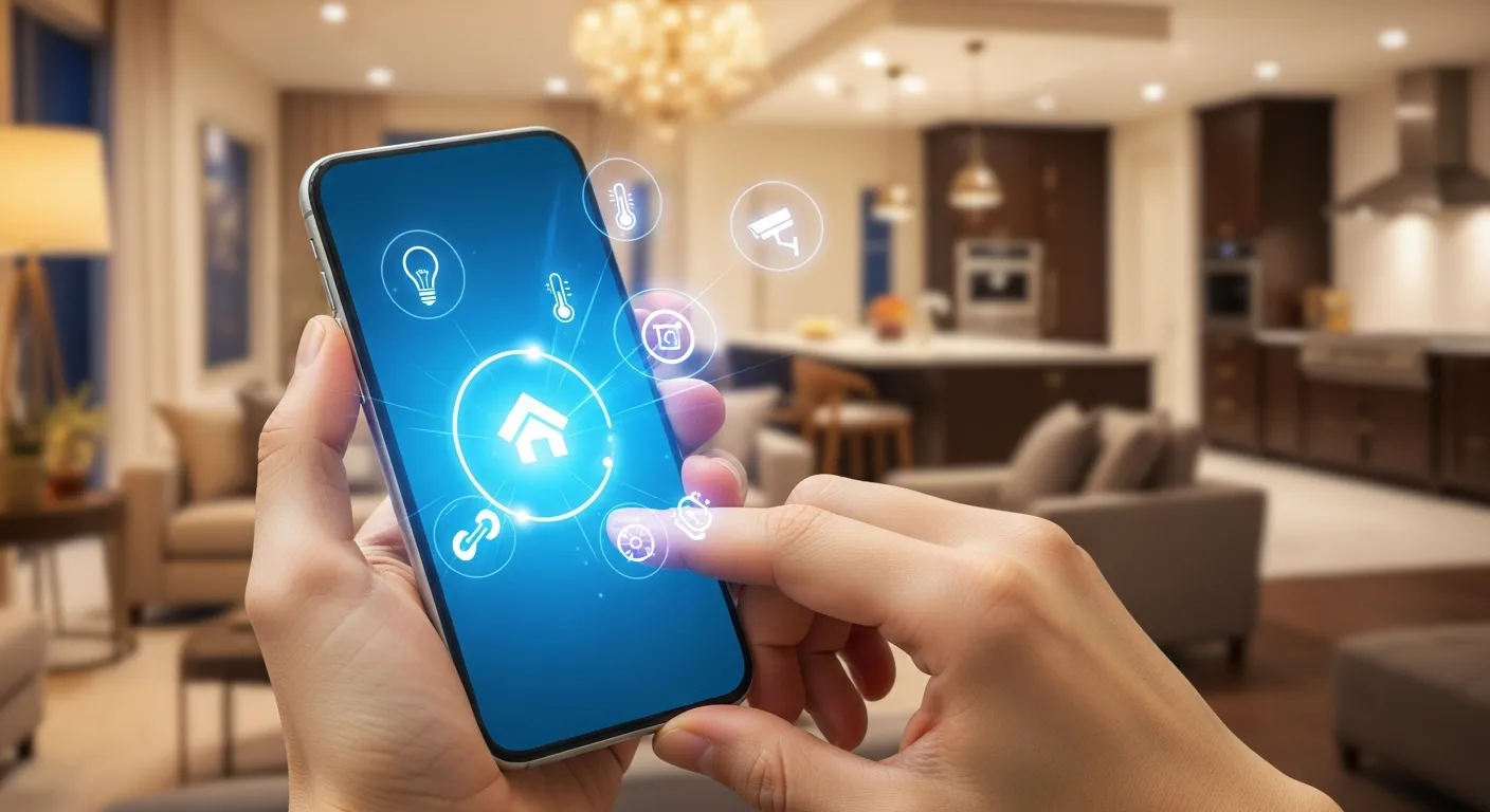 A Hands Holding a Smartphone Displaying a Vivid Blue Smart Home Control Interface With Holographic Feature Icons
