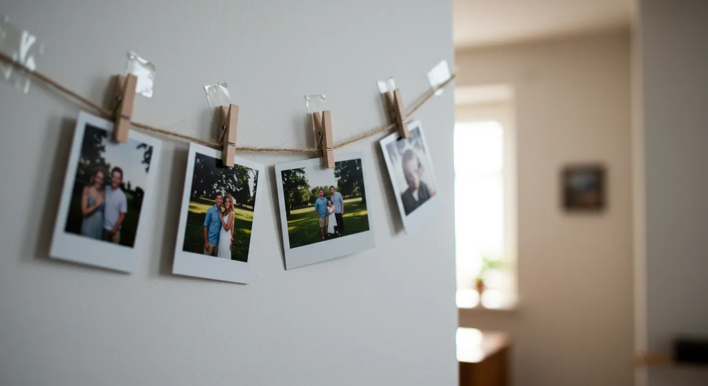 Small Wooden Clothespins Clip Several 4x6 Color Photographs to the Twine