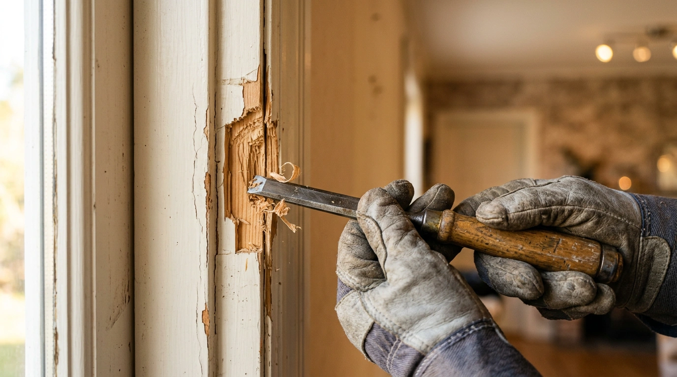A Sharp Wooden Chisel, Carefully Smoothing a Fractured Door Frame Section, Paring Away Loose Splinters