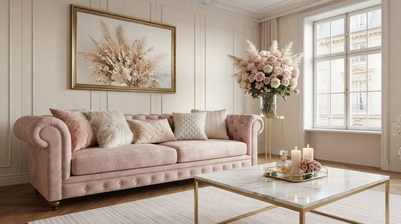 A Plush, Tufted, Blush-pink Velvet Sofa, Meticulously Arranged With an Assortment of Soft, Textured Throw Pillows