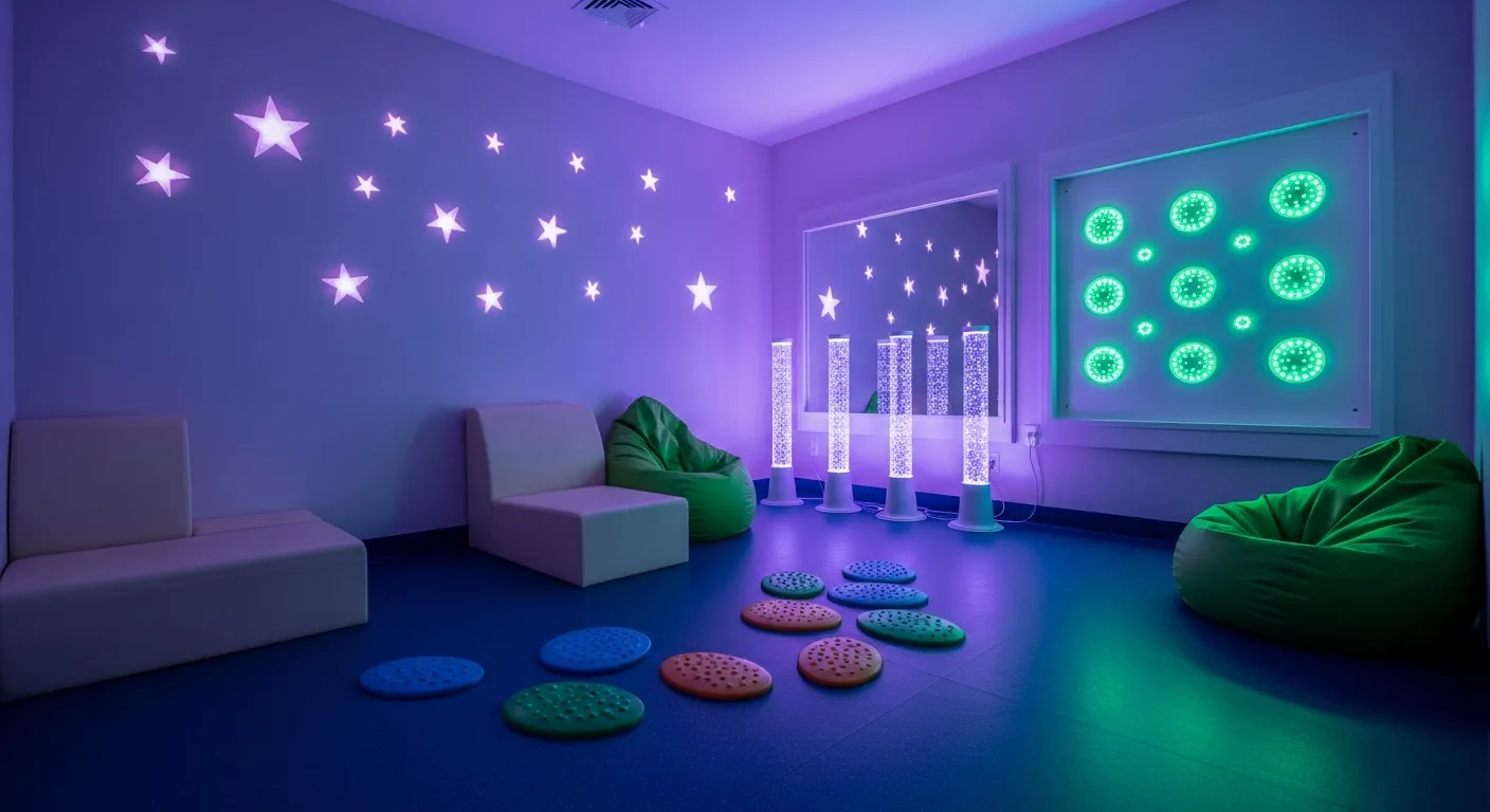 A Vibrant Multi-sensory Room, Illuminated by Soft Purple and Blue Light