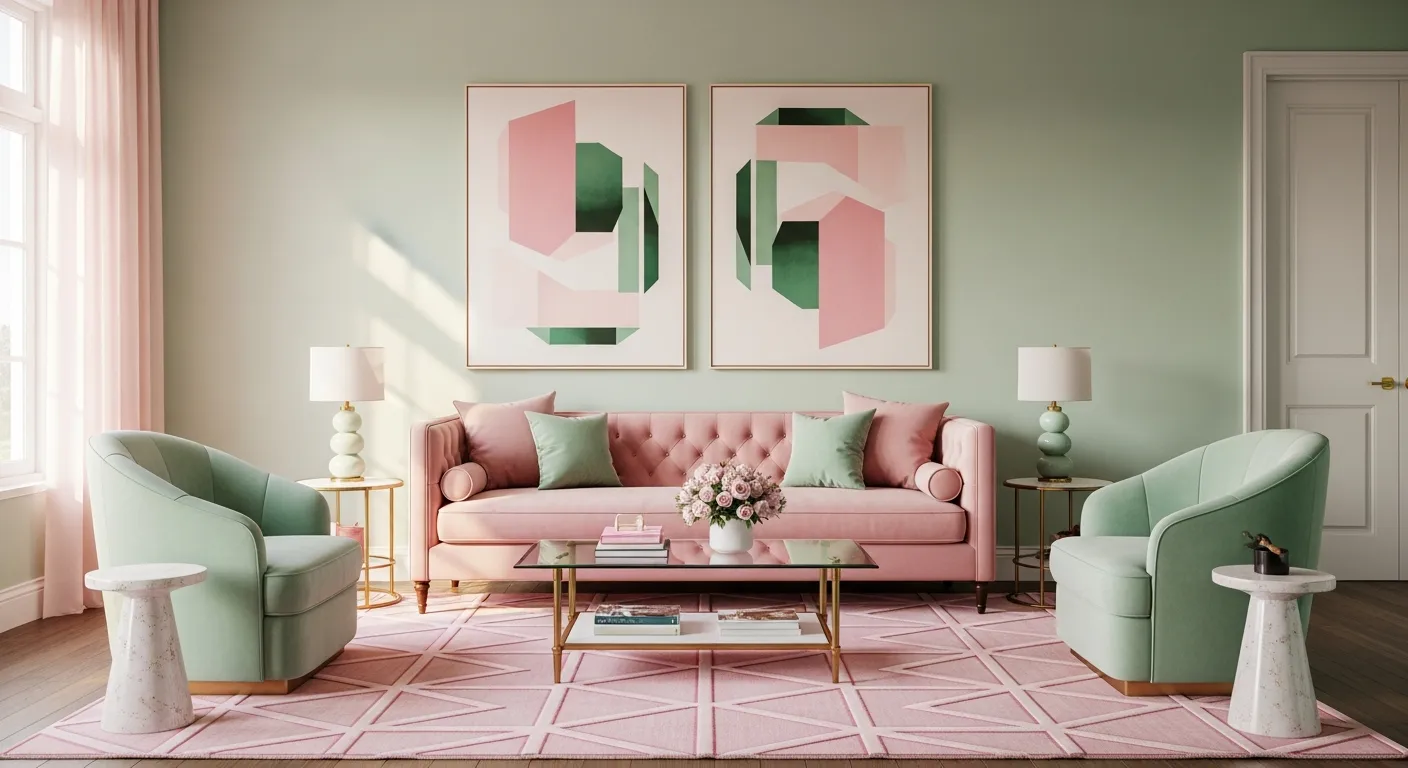 A Muted Salmon Pink Velvet Sofa is Centrally Positioned, Flanked by Two Soft Sage Velvet Armchairs
