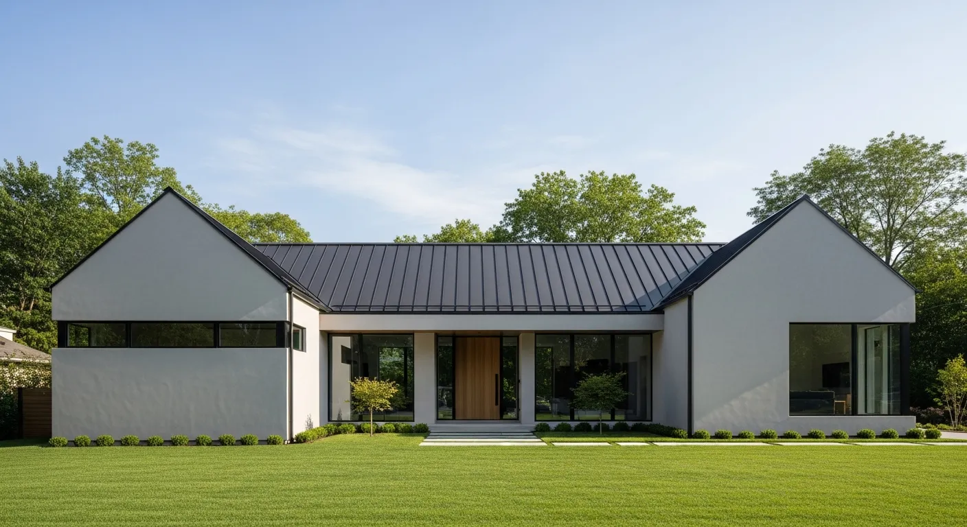 Soft gray home and dark charcoal roof