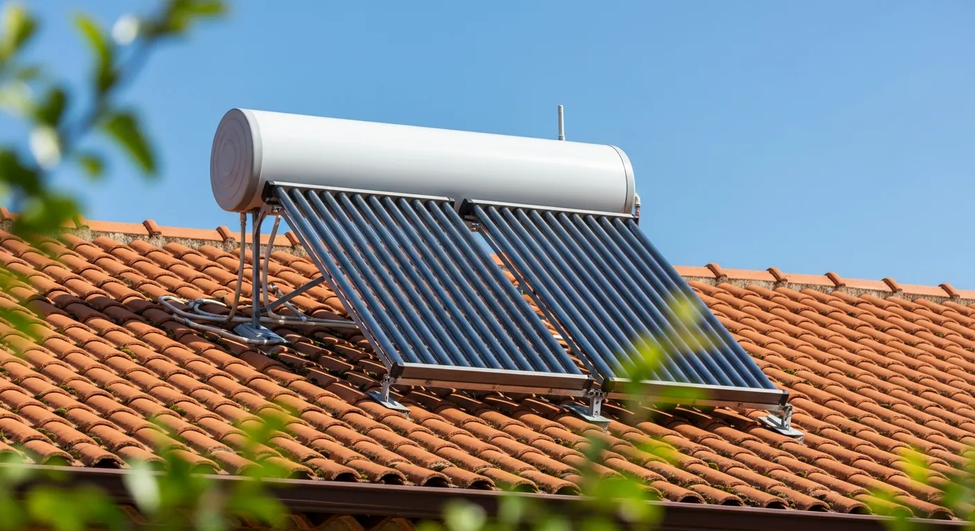 A Solar Water Heater System Featuring a White Horizontal Tank and Two Solar Panels, Placed on a Terracotta Tiled Roof 