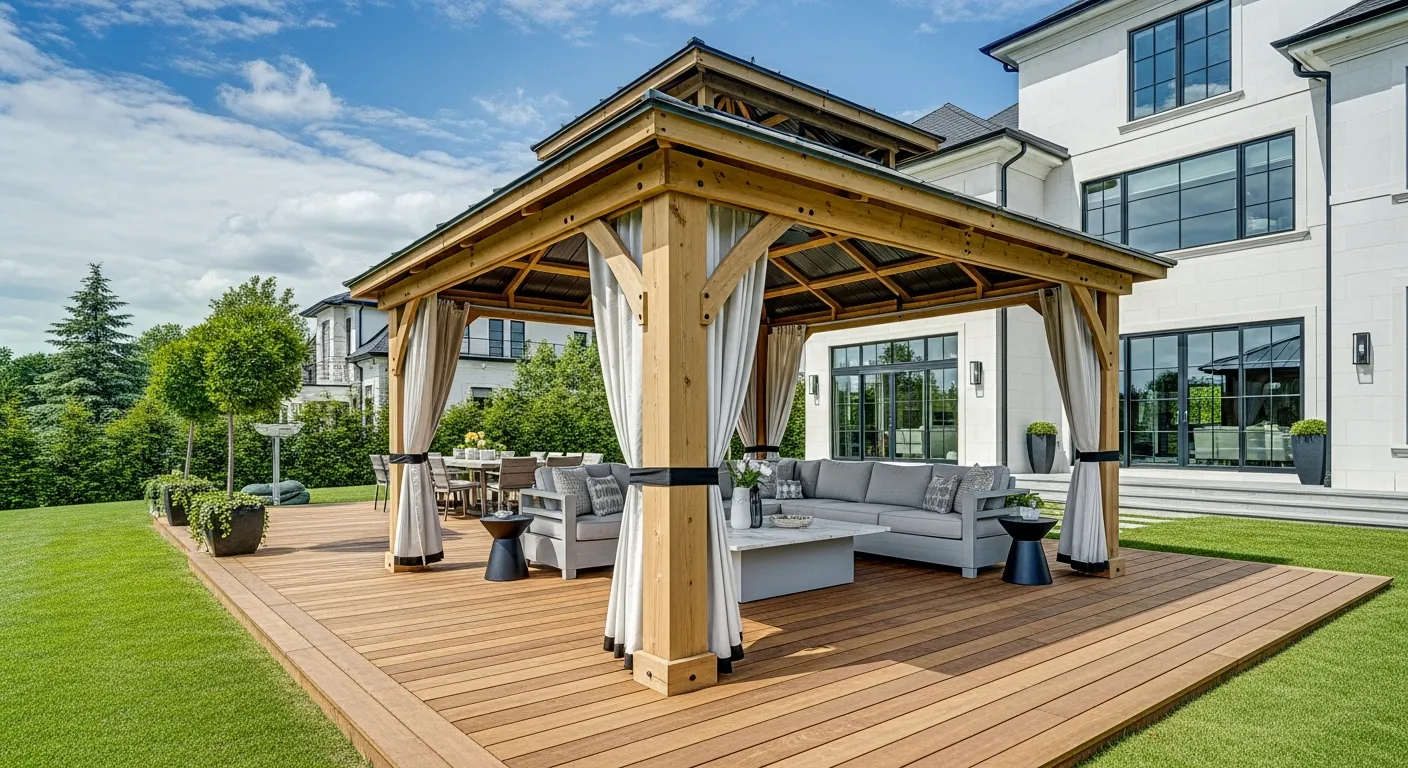 Light-brown Natural Wood Posts and Beams, Supporting a Multi-tiered, Dark Grey Metal Roof
