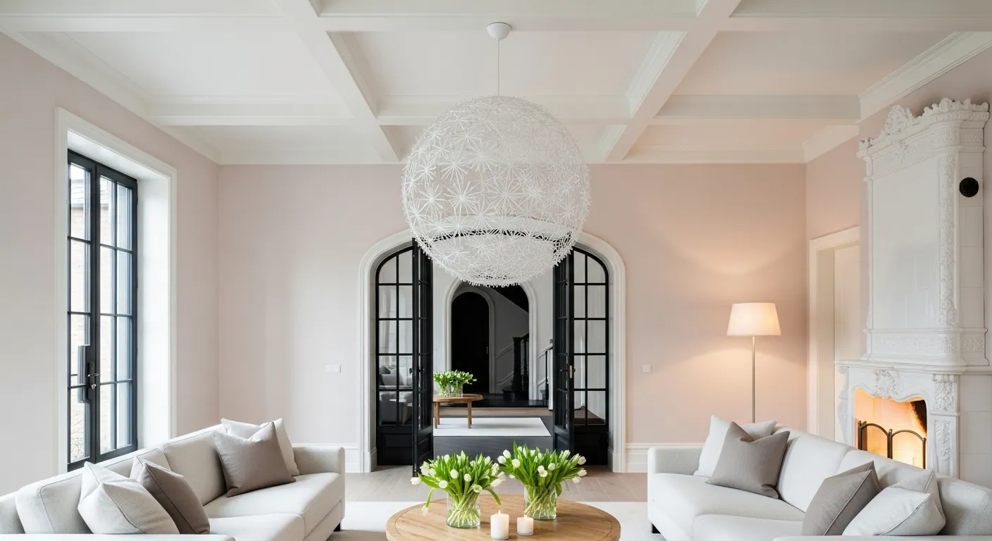Two Plush White Sofas Face Each Other Across a Round Wooden Coffee Table With White Tulips