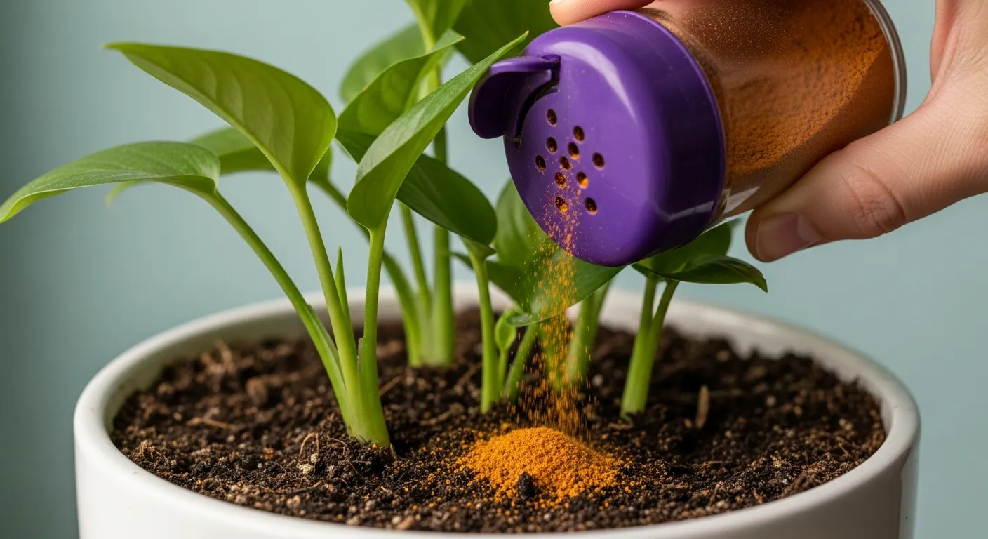 A Purple Spice Shaker, Tilted to Release Vibrant Orange-brown Powder Onto the Rich, Dark Brown Soil of a Healthy Green Potted Houseplant