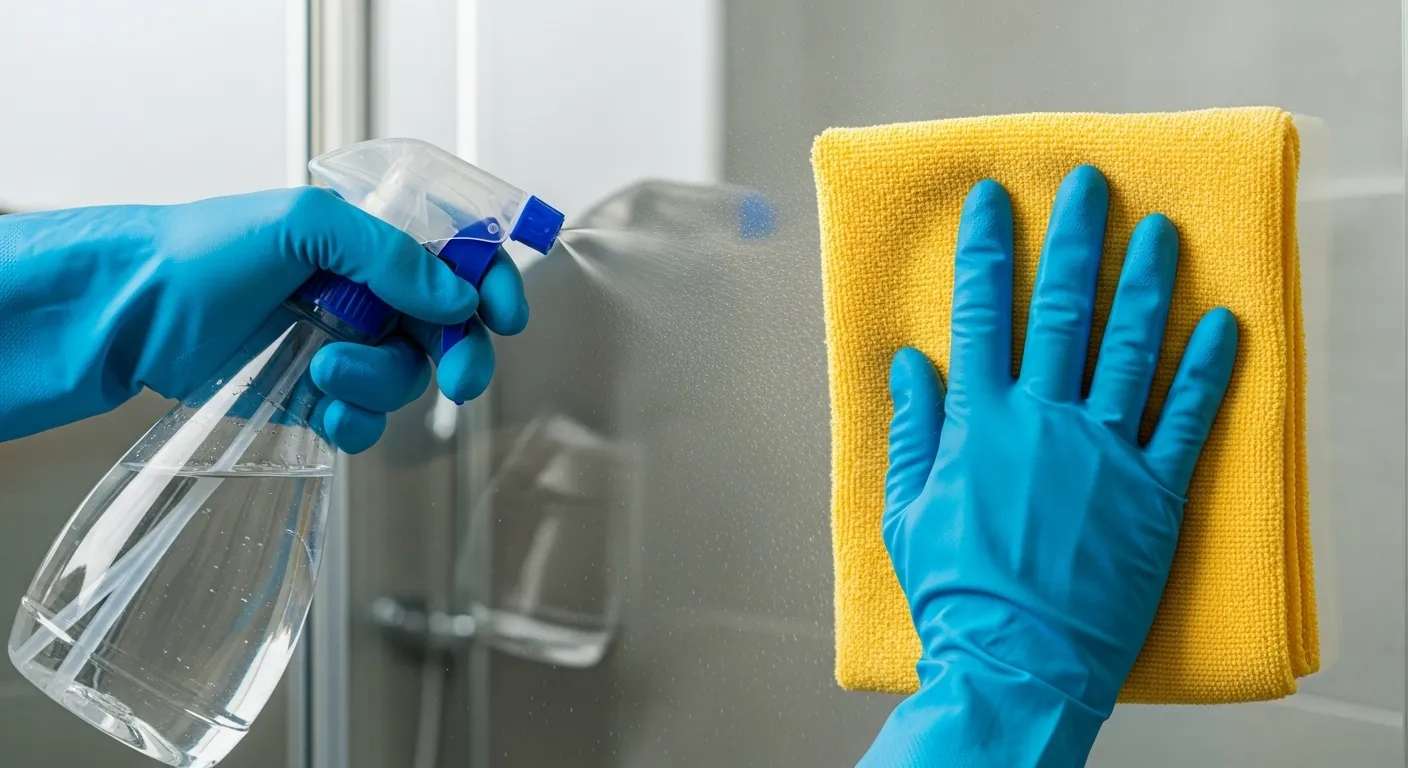 Spraying Vinegar DIY on a Glass and Cleaning It With a Yellow Cloth Spraying Vinegar DIY on a Glass and Cleaning It With a Yellow Cloth