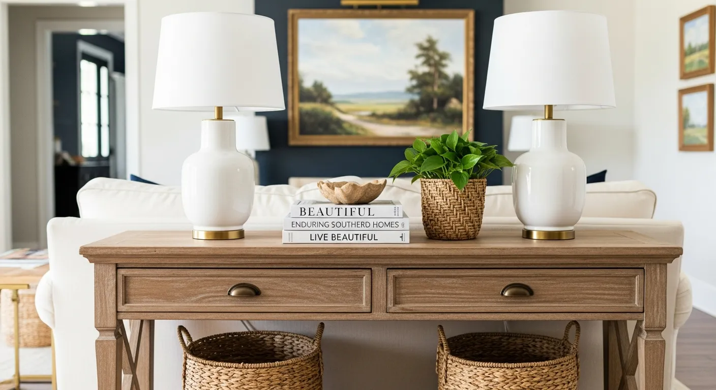A Rustic Wooden Credenza , Styled With Two White Ceramic Table Lamps With Brass Bases, and a Stack of Three Design Books