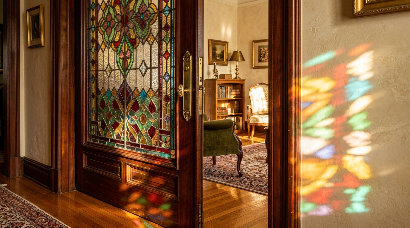 A Partially Open, Vintage Stained Glass Pocket Door
